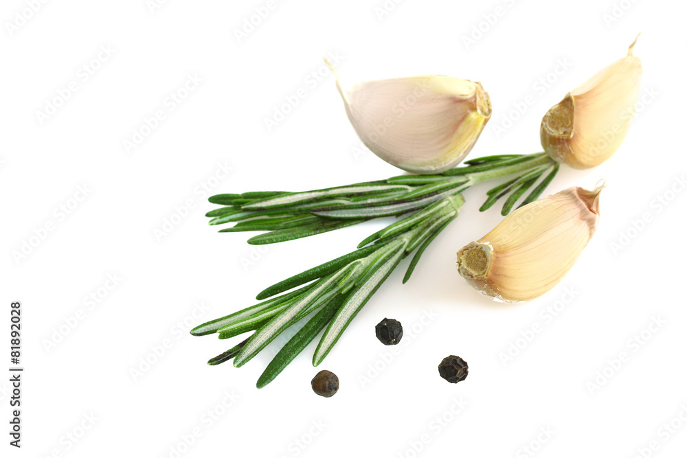 garlic, peppercorns and rosemary isolated