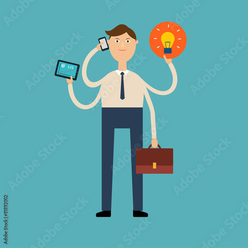 multi-armed businessman with a phone, tablet, portfolio and idea