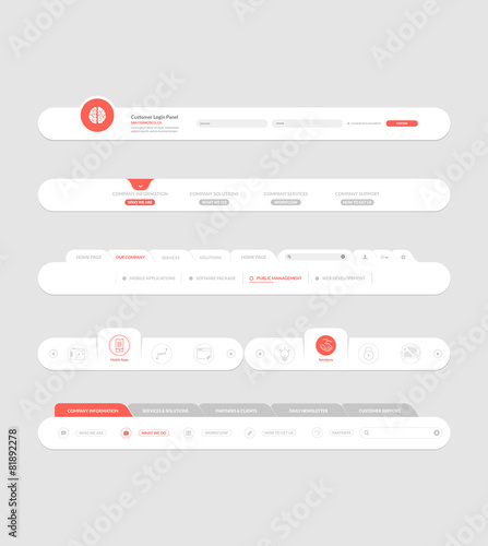 Flat website navigation elements with banners and concept icons