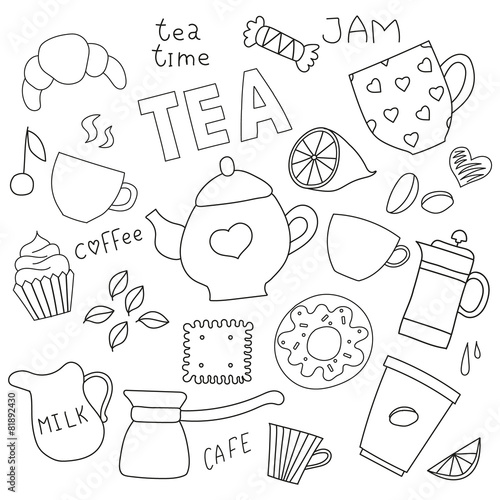 Doodle set for tea and coffee and sweets