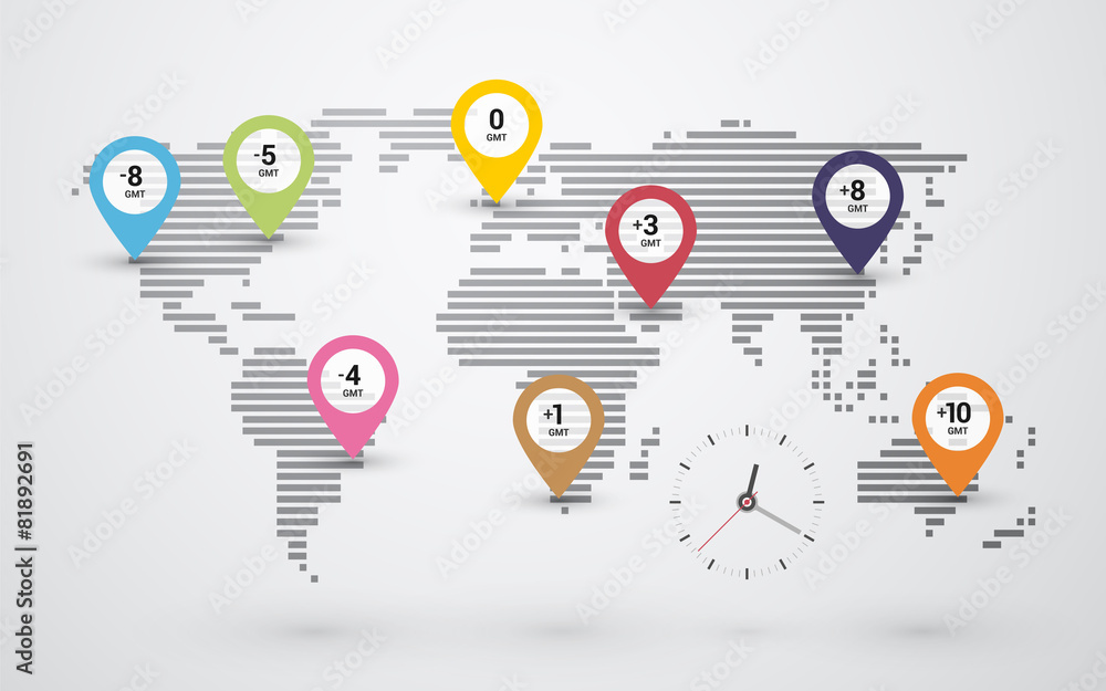 Sequential Map World simple map of the world with timestamps and clock Stock Vector | Adobe ...