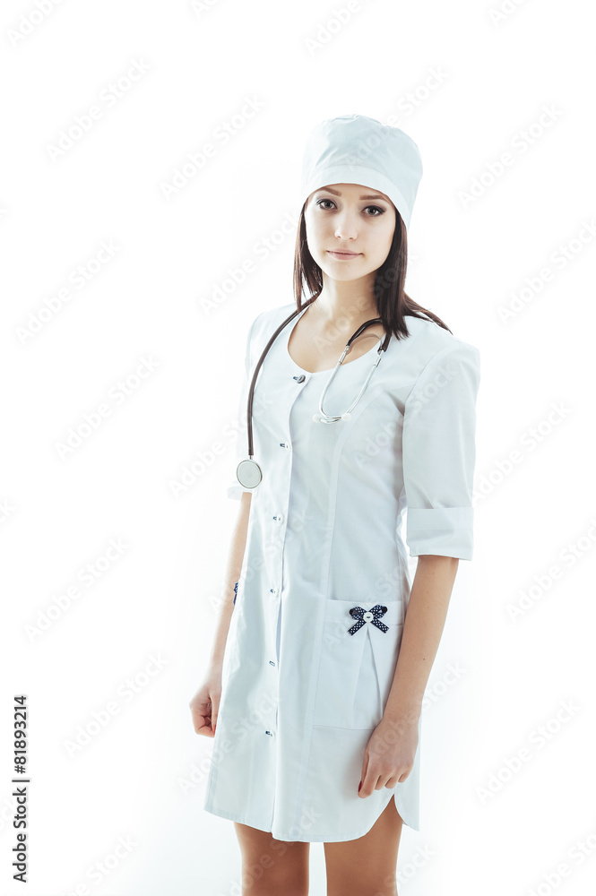 Smiling medical doctor woman with stethoscope. Isolated over Smiling medical doctor woman with stethoscope. Isolated over