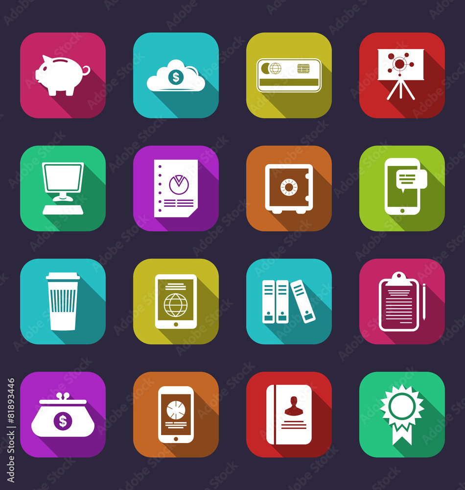 Colorful business and office objects, flat icons with long shado Colorful business and office objects, flat icons with long shado