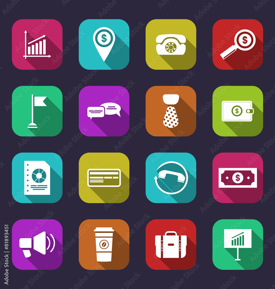 Collection simple flat icons of business and financial items, wi Collection simple flat icons of business and financial items, wi