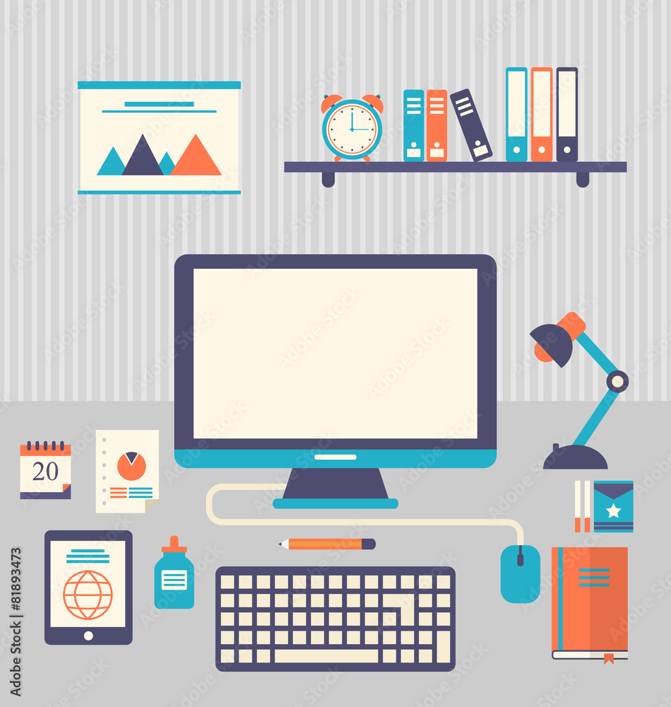 Flat icons of trendy everyday objects, office supplies and busin Flat icons of trendy everyday objects, office supplies and busin