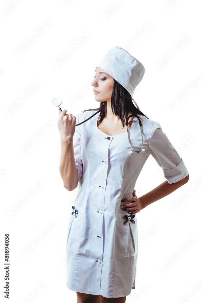 Smiling medical doctor woman with stethoscope. Isolated over Smiling medical doctor woman with stethoscope. Isolated over
