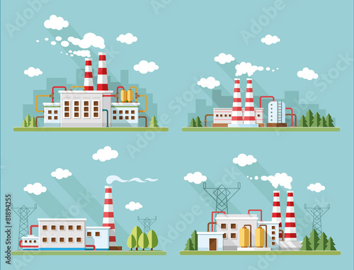 Industrial landscape set - industry factory. Flat style vector i