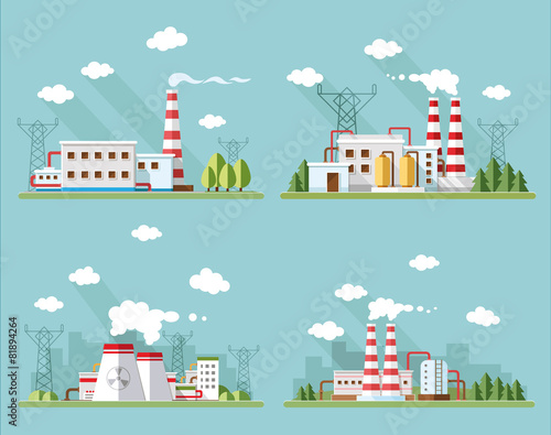 Industrial landscape set. The nuclear power plant and factory on