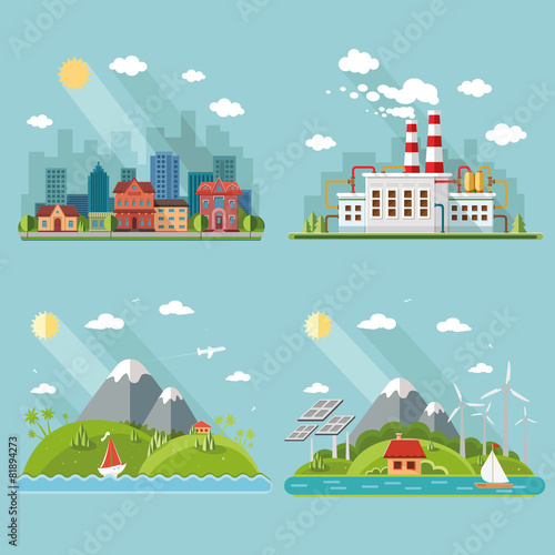 Nature icons set. Mountain landscape, cityscape, energy theme, i