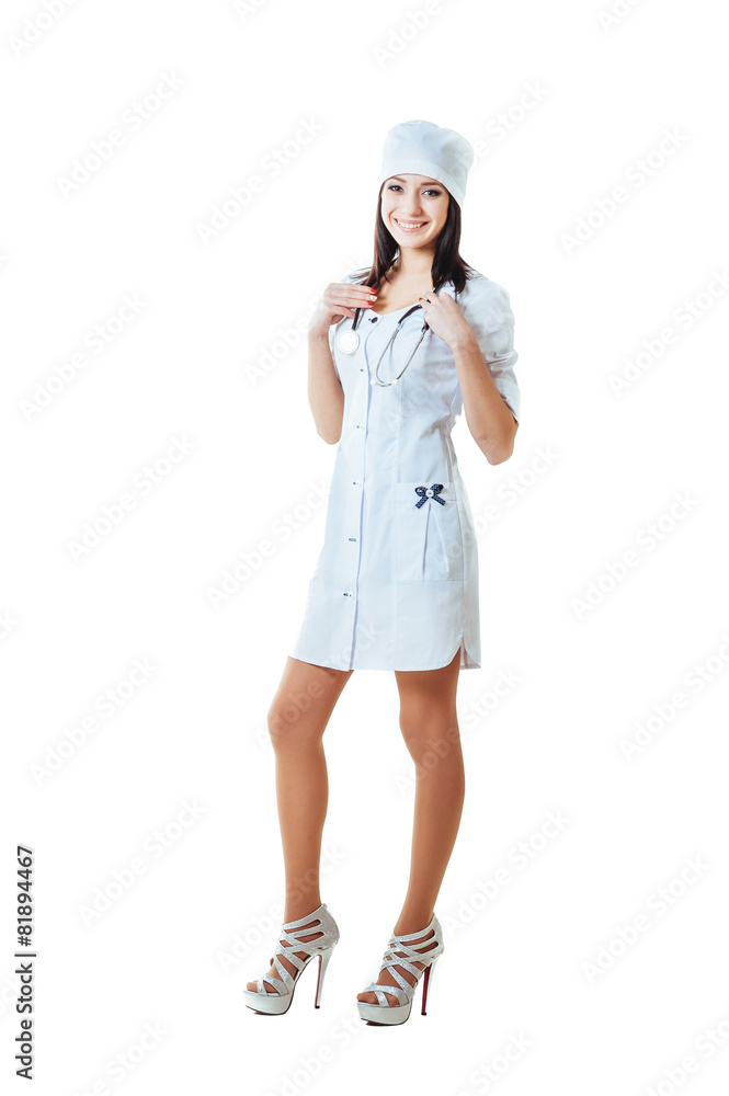 Smiling medical doctor woman with stethoscope. Isolated over Smiling medical doctor woman with stethoscope. Isolated over