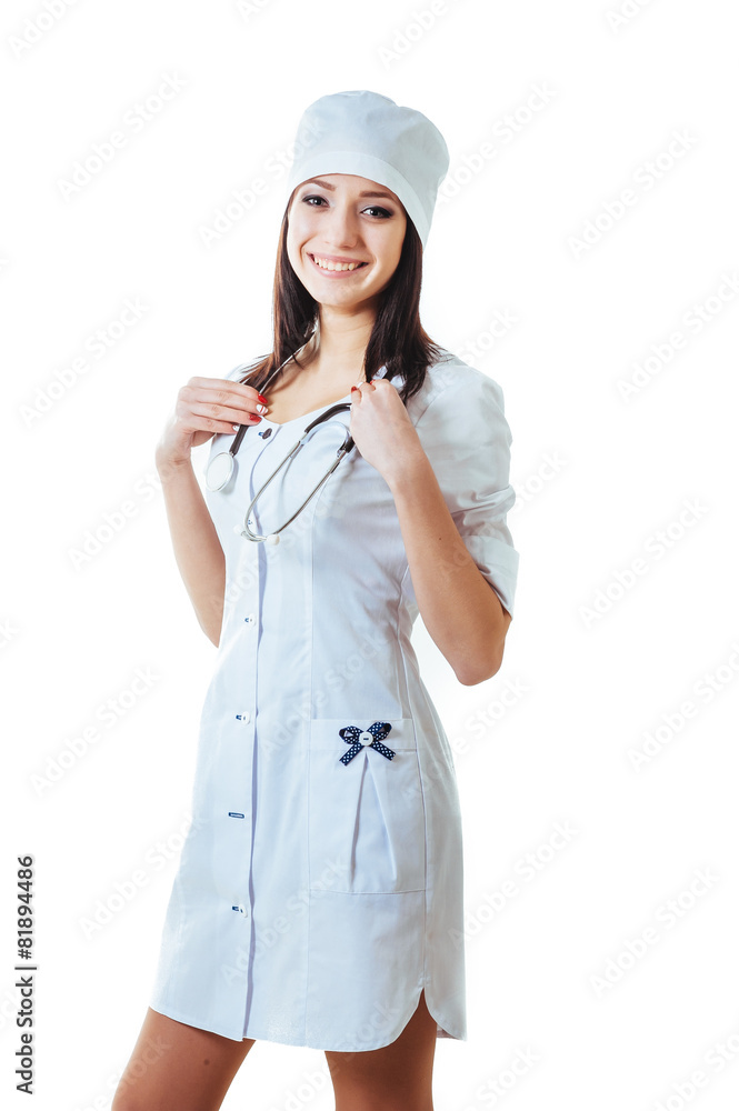 Smiling medical doctor woman with stethoscope. Isolated over Smiling medical doctor woman with stethoscope. Isolated over