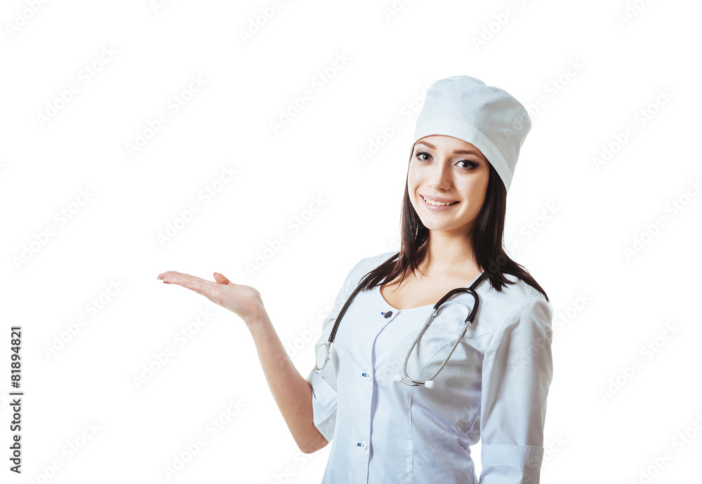 Smiling medical doctor woman with stethoscope. Isolated over Smiling medical doctor woman with stethoscope. Isolated over