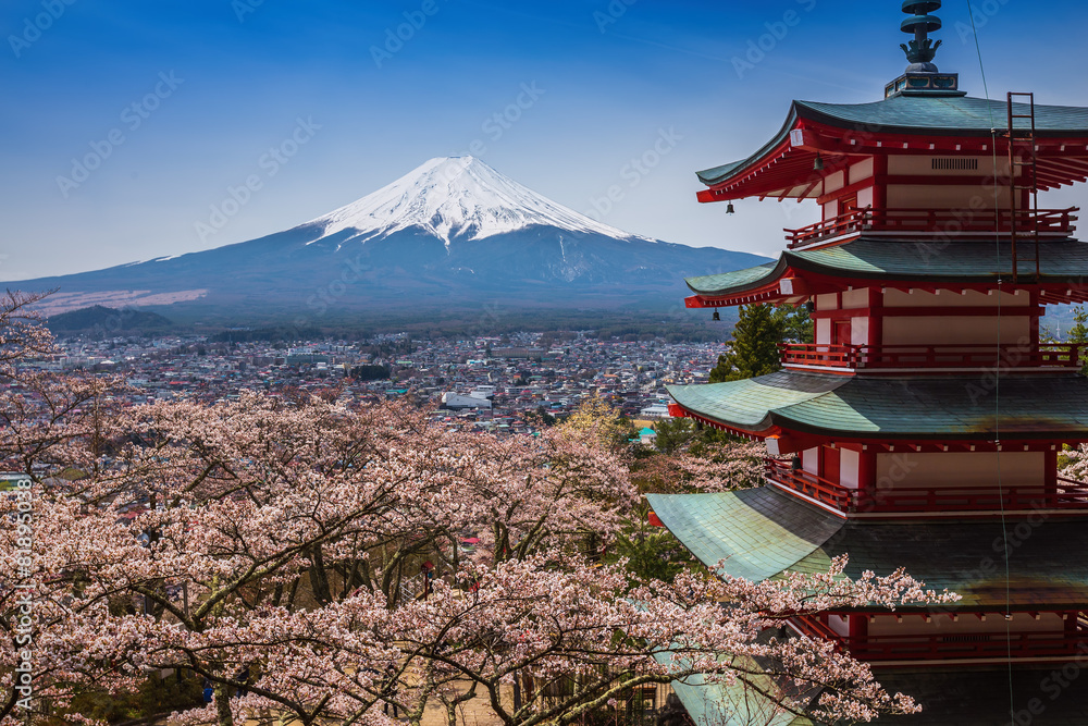 Red pagoda with Mt. Fuji as the background