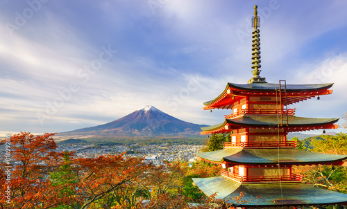 Mt. Fuji with Chureito Pagoda at sunrise  Fujiyoshida  Japan