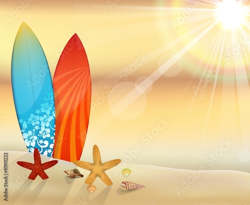 sunset beach with surfboards