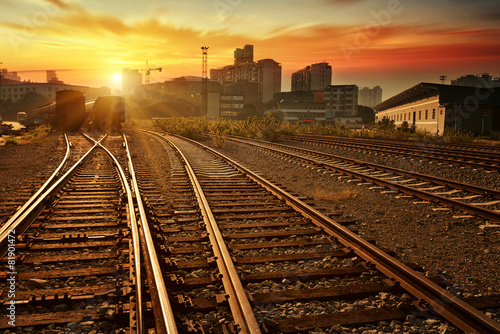 Cargo train platform at sunset with container