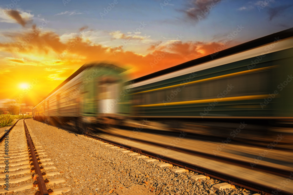 Fototapeta premium Cargo train platform at sunset with container