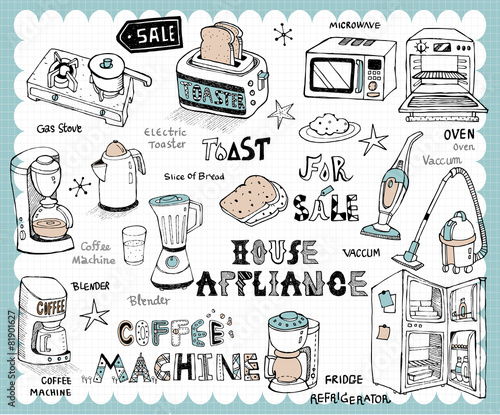 Hand drawn home appliance set