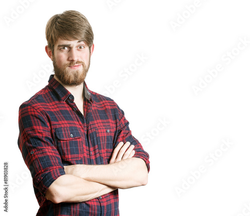 Happy Bearded young man on a white background