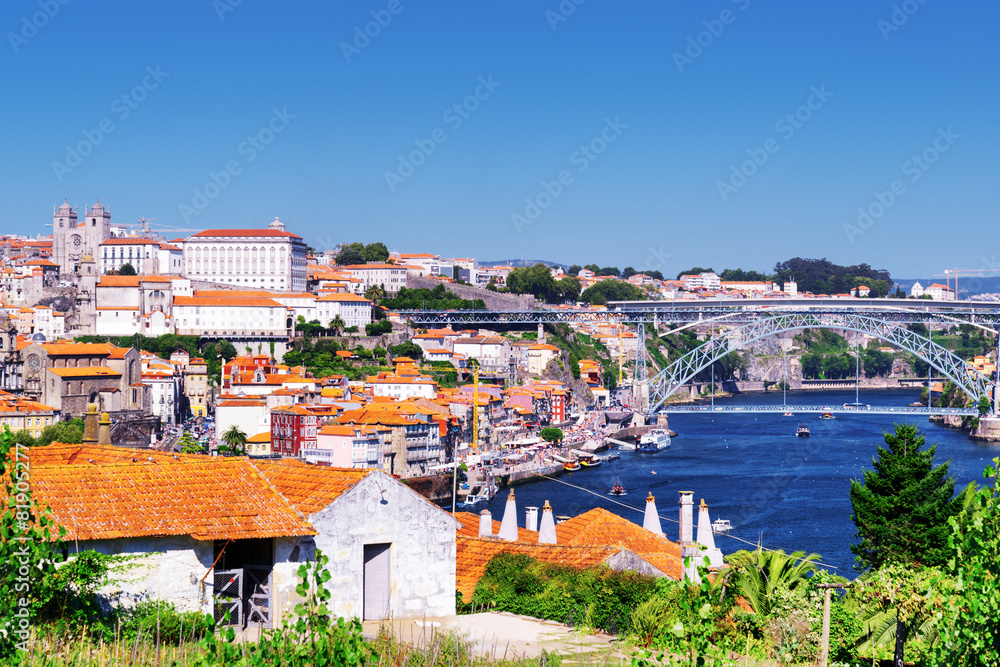 Beautiful view of the Douro River and the Dom Luis Bridge in Por