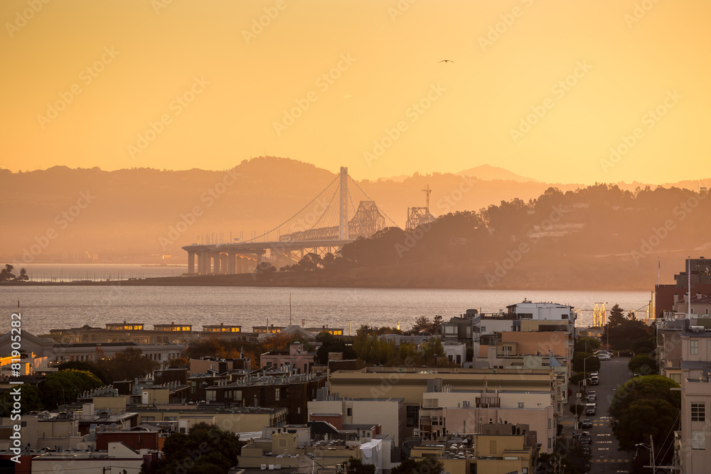 View of San Francisco from the Coit Tower at sunset