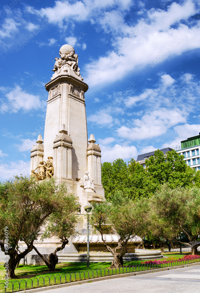Eastern side of the Cervantes monument on the Square of Spain (P