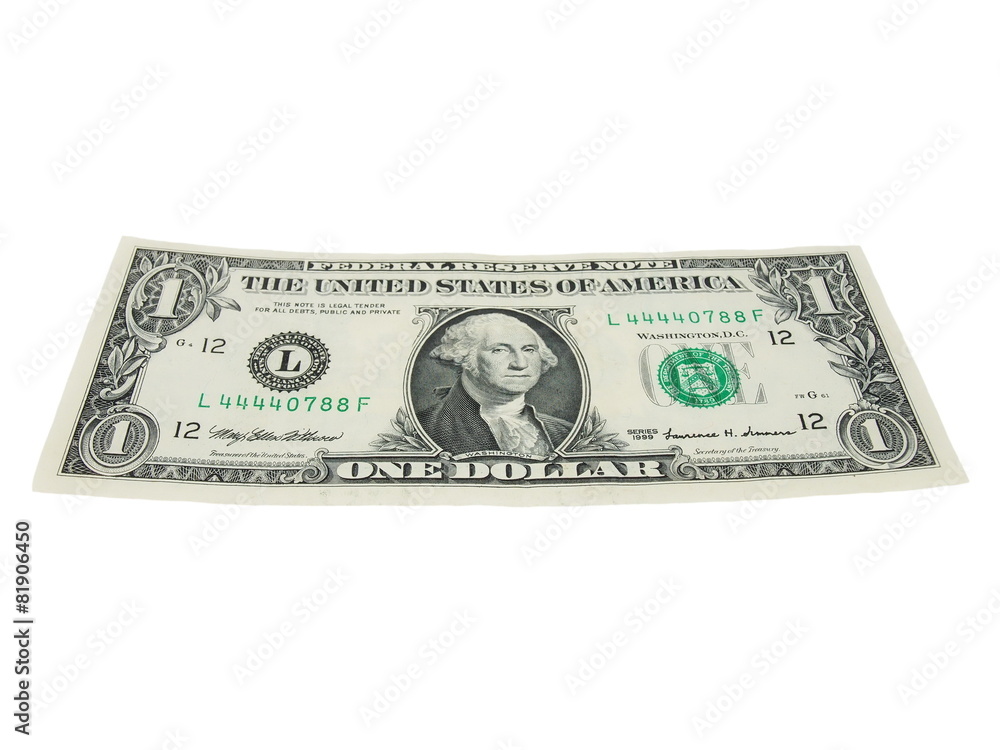 One dollar bill isolated falling on white background One dollar bill isolated falling on white background
