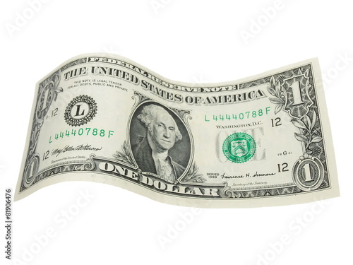 One dollar bill isolated falling on white background