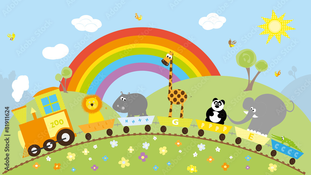 Fototapeta premium train with animals and hills, rainbow, flowers / vectors