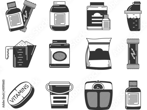 Black icons vector collection of sports nutrition