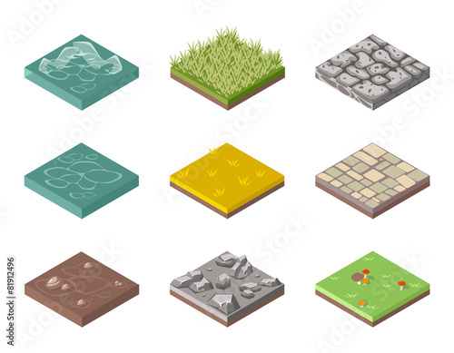 Ground surfaces. Grass, rocks and water