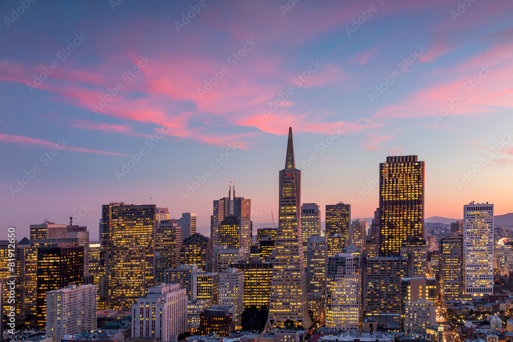 downtown San Francisco at sunset.