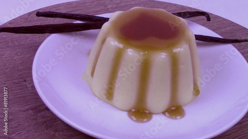 Vanilla blancmange topped with caramel sauce