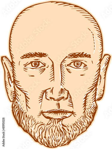 Male Bald Head Bearded Etching