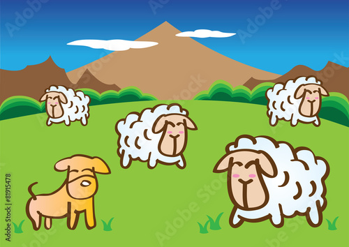 Shepherd Dog and Sheep Vector Cartoon Illustration