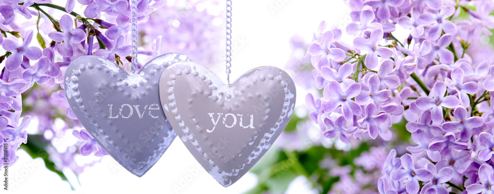 Lilac flowers  and metal hearts - obrazy, fototapety, plakaty 