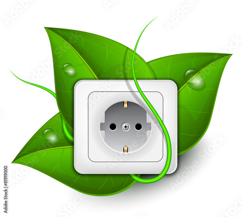 Green energy concept. Power outlet with foliage background