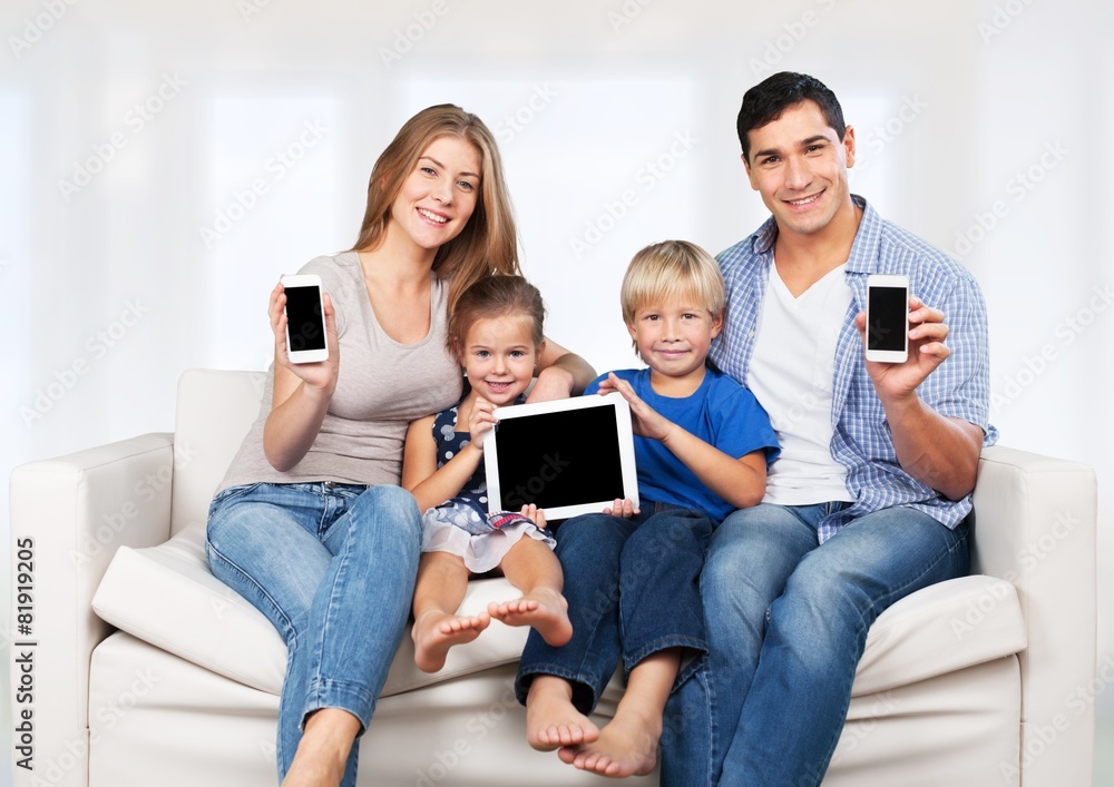 Phone. Family, child, technology and home concept - smiling Phone. Family, child, technology and home concept - smiling