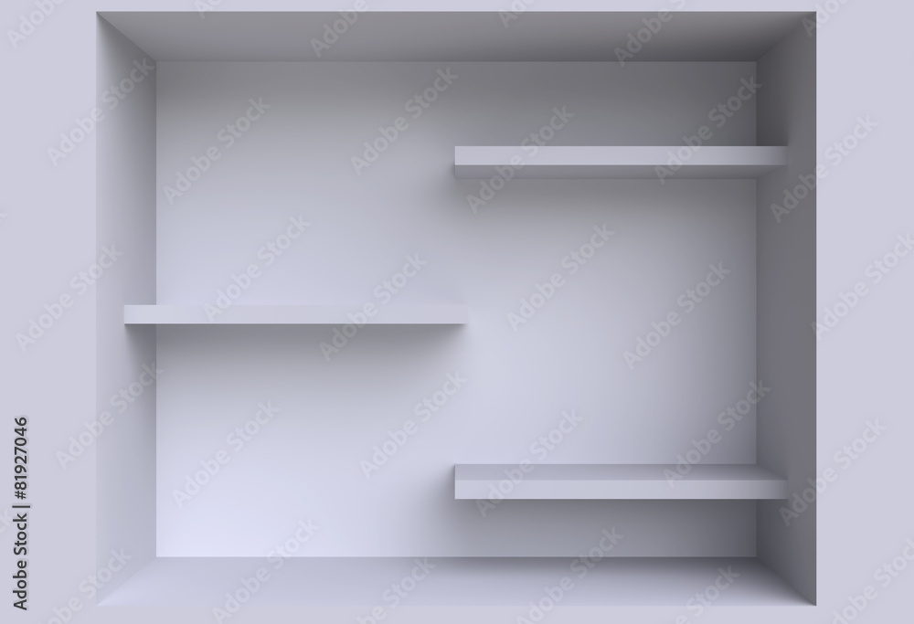 Three shelves on the wall. Three shelves on the wall.