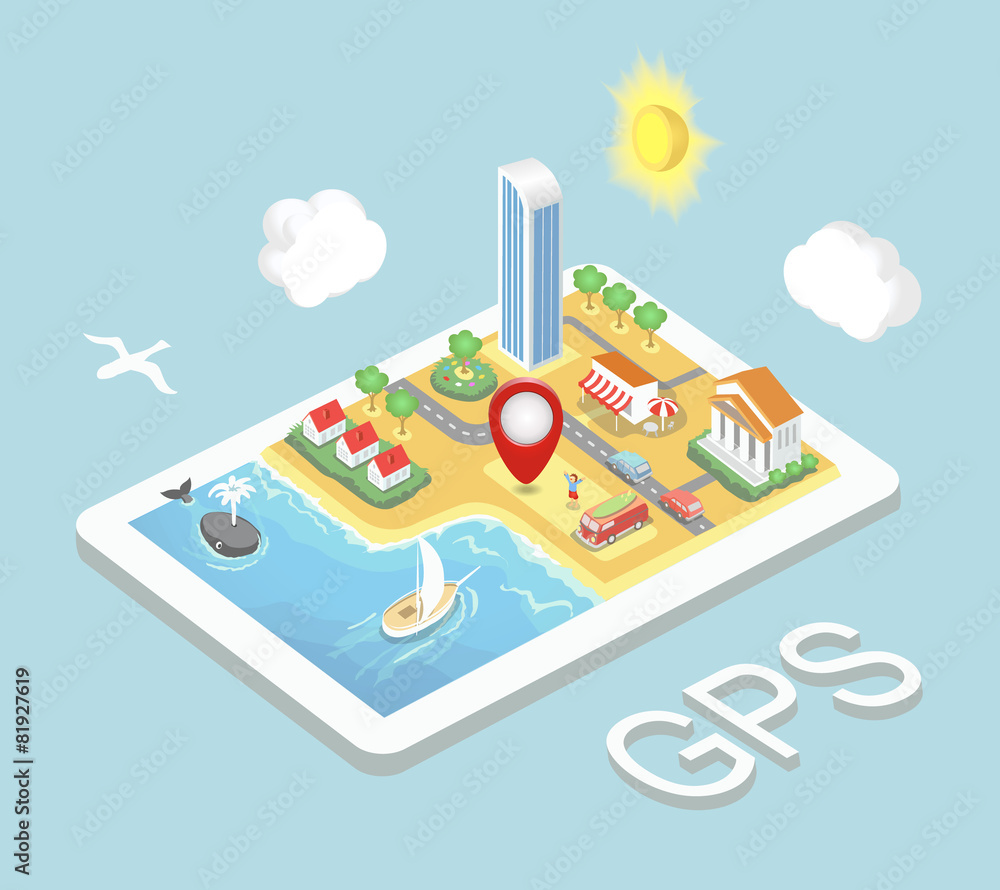 Flat map mobile GPS navigation, Infographic isometric concept Flat map mobile GPS navigation, Infographic isometric concept