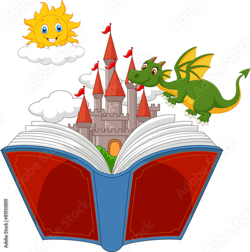 Story book with castle, dragon and sun