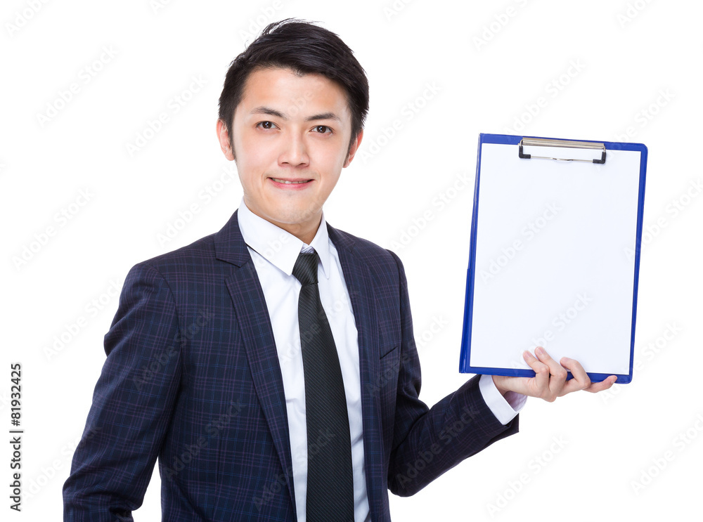 Businessman show the blank page on clipboard Businessman show the blank page on clipboard