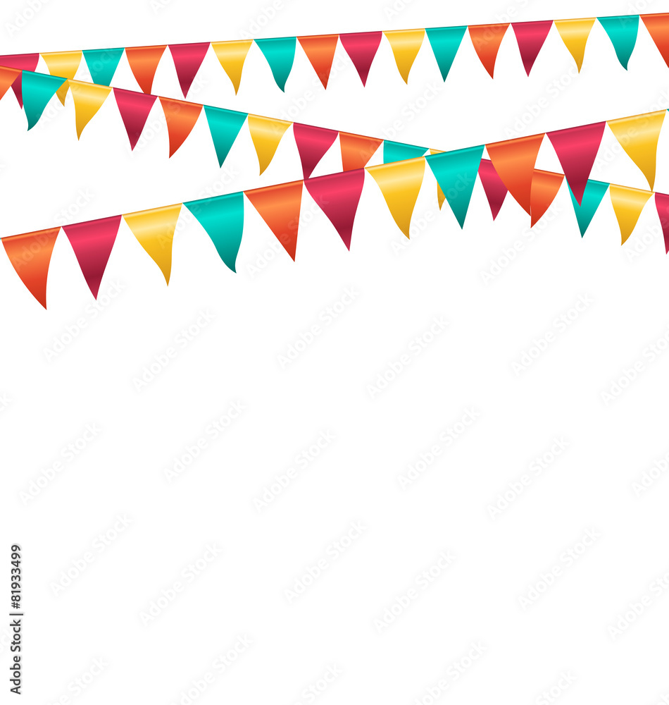 Multicolored bright buntings garlands isolated on white backgrou Multicolored bright buntings garlands isolated on white backgrou