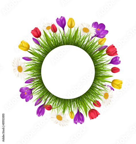 Circle frame with green grass and flowers isolated on white back
