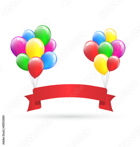 Festive red ribbon hangs on inflatable bright air balls isolated