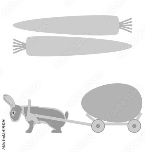 Grey rabbit pulls a cart with egg and carrot frames on white bac