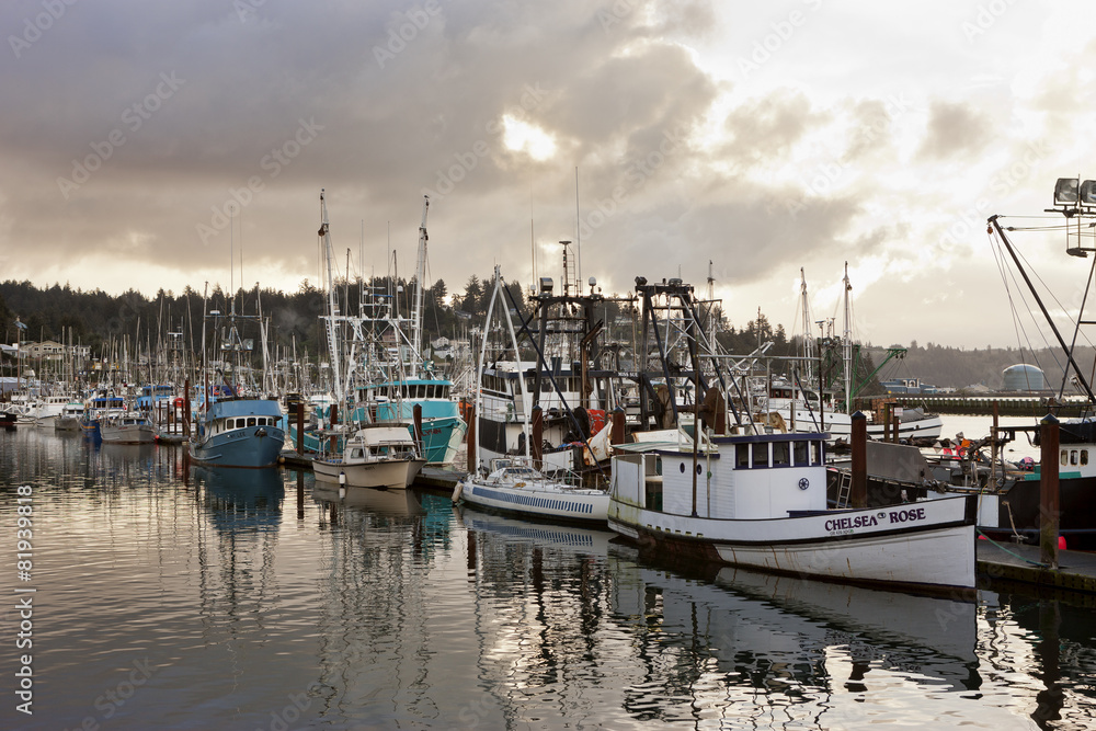Morning glow over the fishing boats in Newport, Oregon.