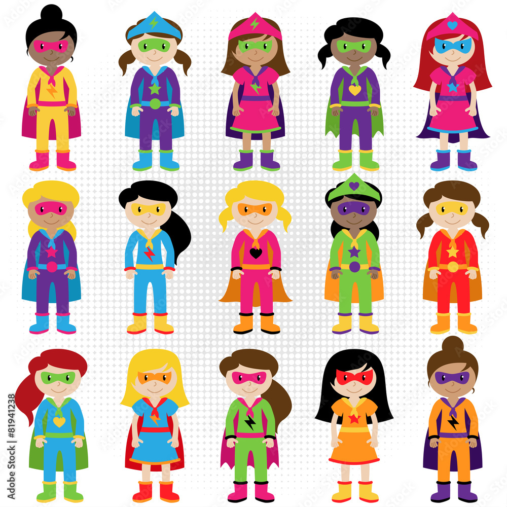 Collection of Diverse Group of Superhero Girls, matching boy sup