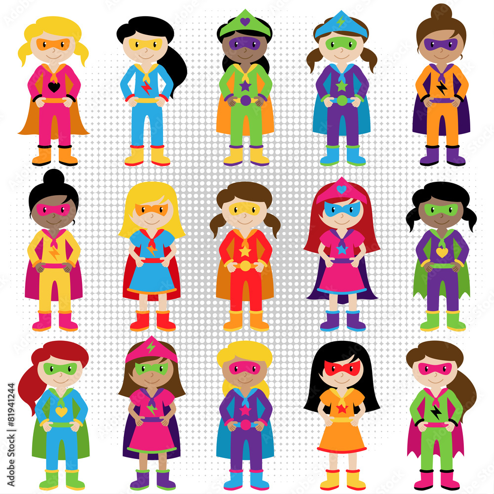 Collection of Diverse Group of Superhero Girls, matching boy sup Collection of Diverse Group of Superhero Girls, matching boy sup