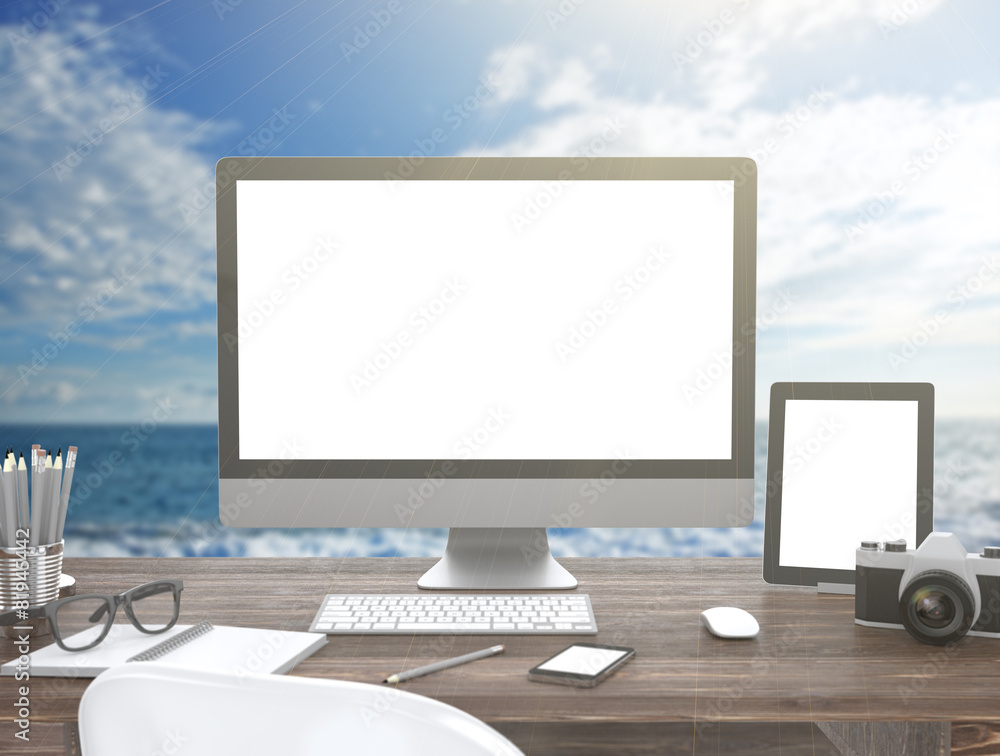 Fototapeta premium 3D illustration PC screen on table, Workspace on nature